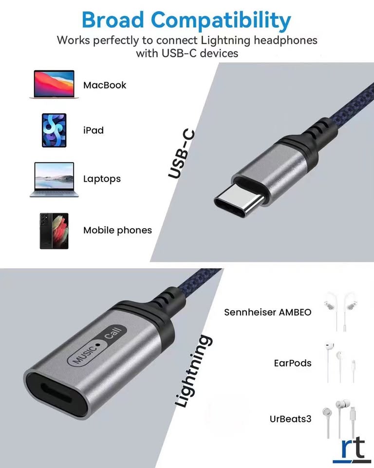 Type C Male To Lighting Female converter for Type C Headphone