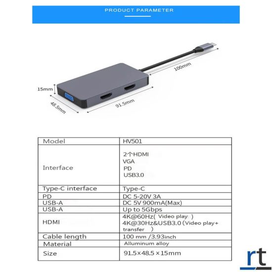 Multi-Function Type-C Hub With HDMI VGA PD USB3.0  for Laptop/Desktop/iPad/Tab/Mobile